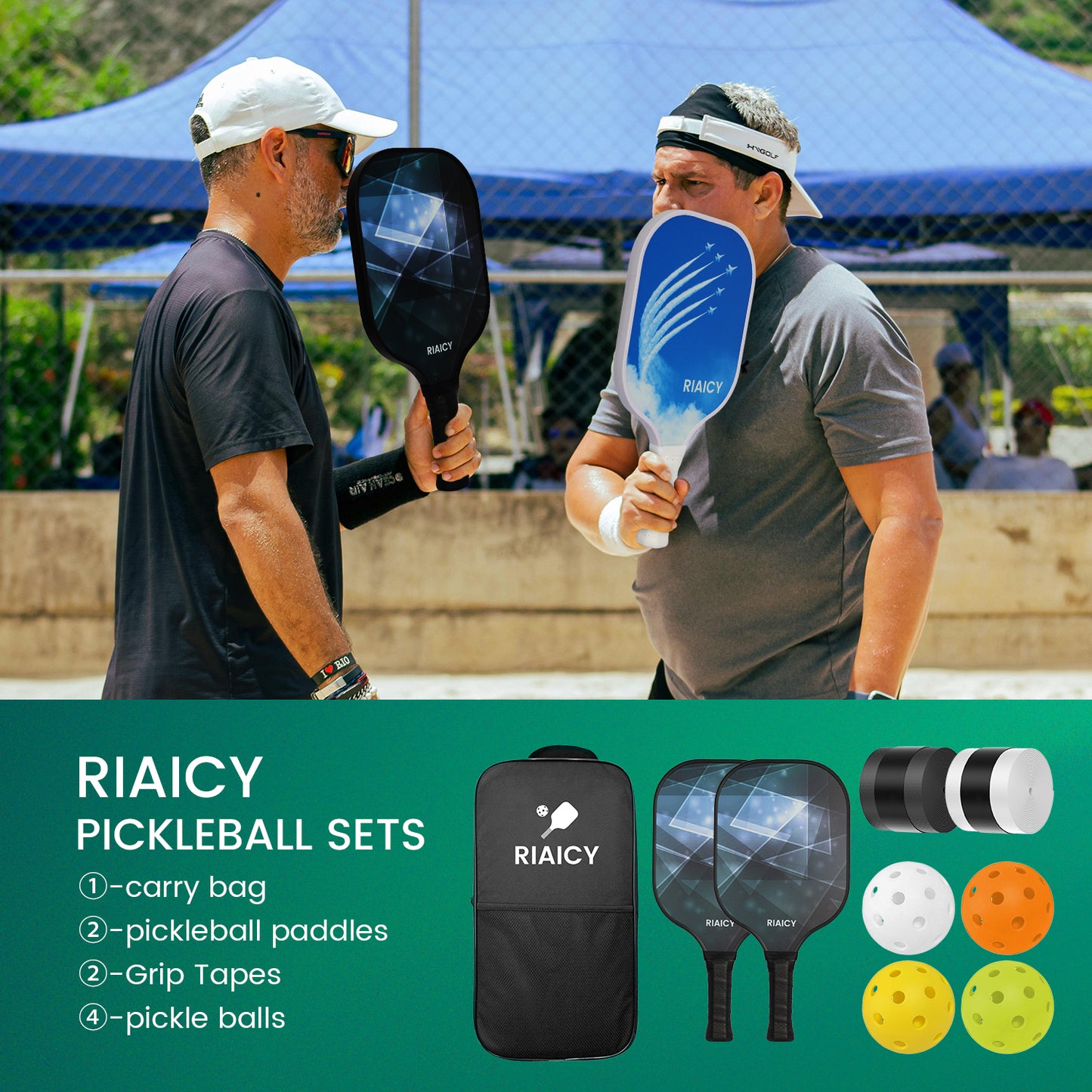 RIAICY black Pickleball Racket for Adults Fiberglass Pickleball Paddles Set of 2 Excellent Shock Absorption Performance & A High Fault Tolerance Rate