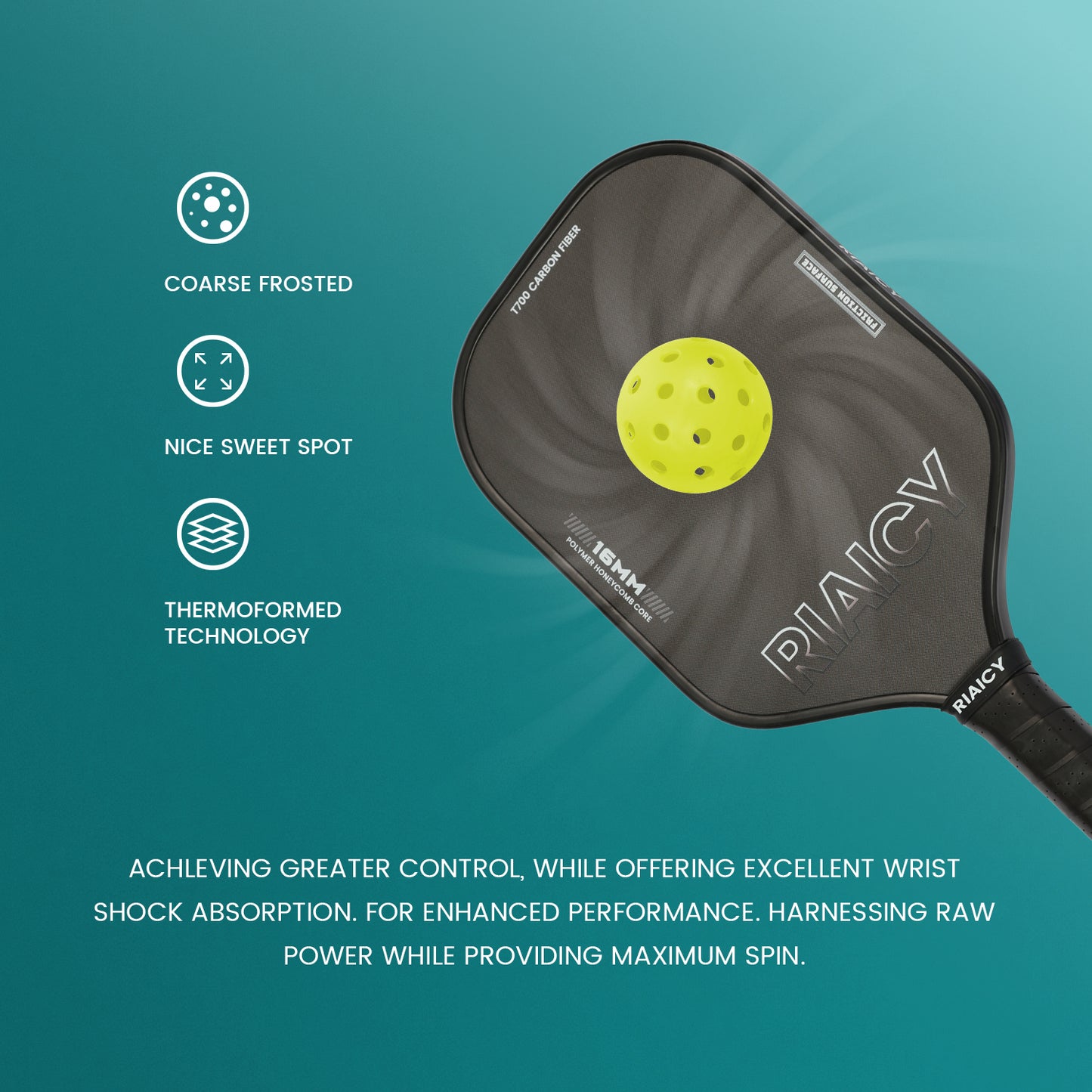 RIAICY Pickleball Paddles Raw Carbon Fiber Surface Pickleball Rackets 5.0 Extended Sweet Spot Carbon Fiber Surface Increases Spin