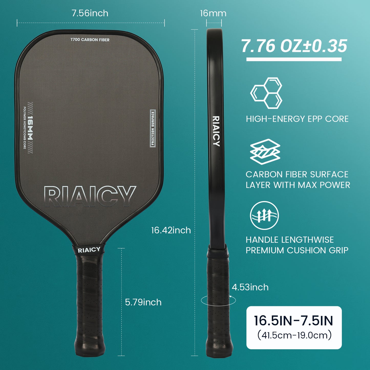 RIAICY Pickleball Paddles Raw Carbon Fiber Surface Pickleball Rackets 5.0 Extended Sweet Spot Carbon Fiber Surface Increases Spin