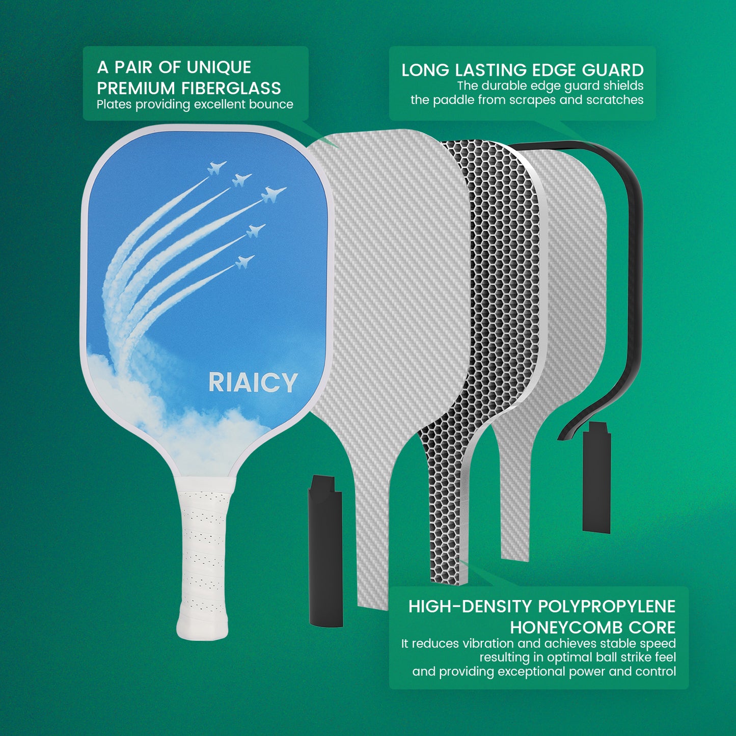 RIAICY Fiberglass Pickleball Paddles Set 2 Honeycomb Polymer Core Pickleball Racket Excellent Shock Absorption Performance&High Fault Tolerance Rate