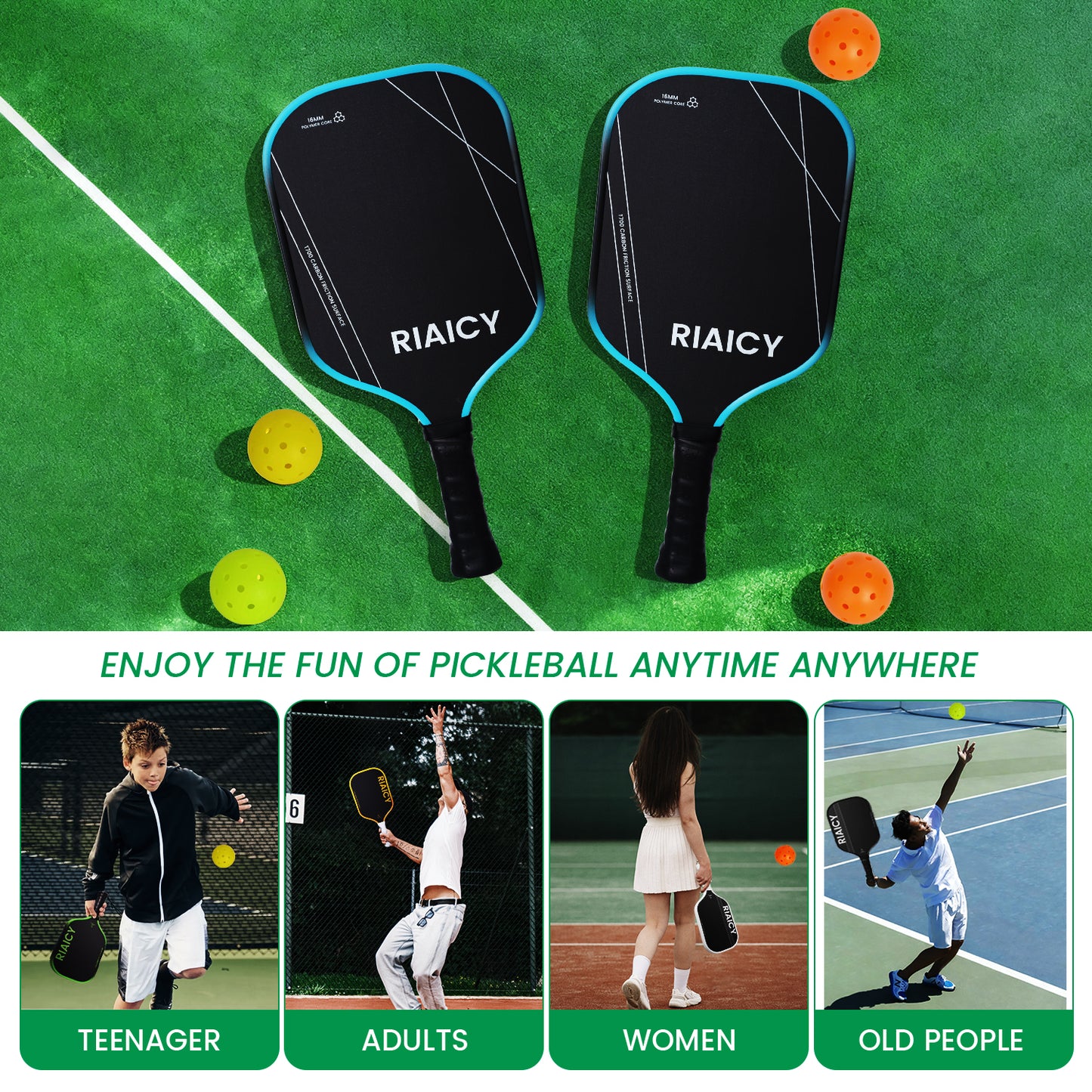 RIAICY Pickle Ball Rackets Carbon Fiber Pickleball T700 Professional Racquet 16mm Energy Efficient Power Contact Effectively Filters Impact Vibrations