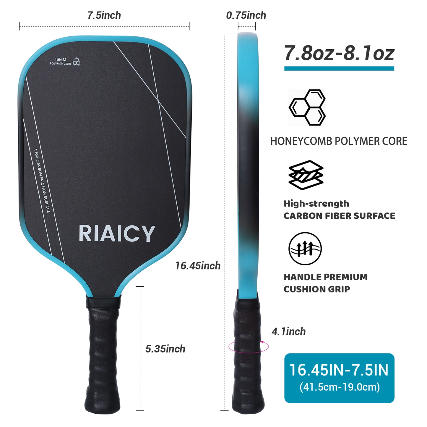 RIAICY Pickle Ball Rackets Carbon Fiber Pickleball T700 Professional Racquet 16mm Energy Efficient Power Contact Effectively Filters Impact Vibrations