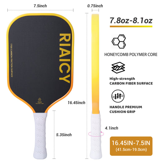 RIAICY Pickleball Rackets for Adults Carbon Fiber Pickleball Paddle Yellow T700 Pickleball Racket Professional Enhanced Honeycomb Core